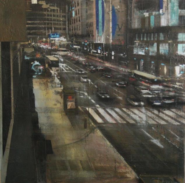 Noche en Gran Vía.74x74 cms.Mixta sobre tabla