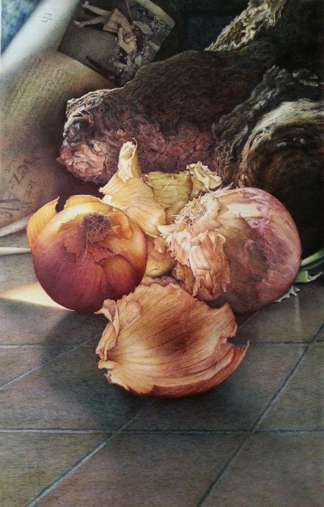 AUTOR: Virginia Rodríguez Cañete TITULO DEL CUADRO:Cebollas y beso TÉCNICA: Bolígrafo sobre papel TAMAÑO: 42 x 66 cms