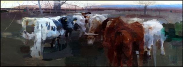 José Luis Ceña Ruiz 'Pedro's Cows III' oil on canvas 30x80cm £1050
